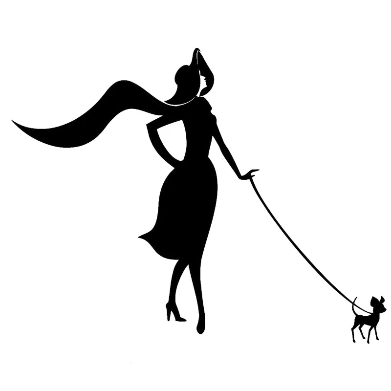 

16 см * 12,5 см модная красивая женщина и собака Модная стильная виниловая наклейка автомобильная наклейка