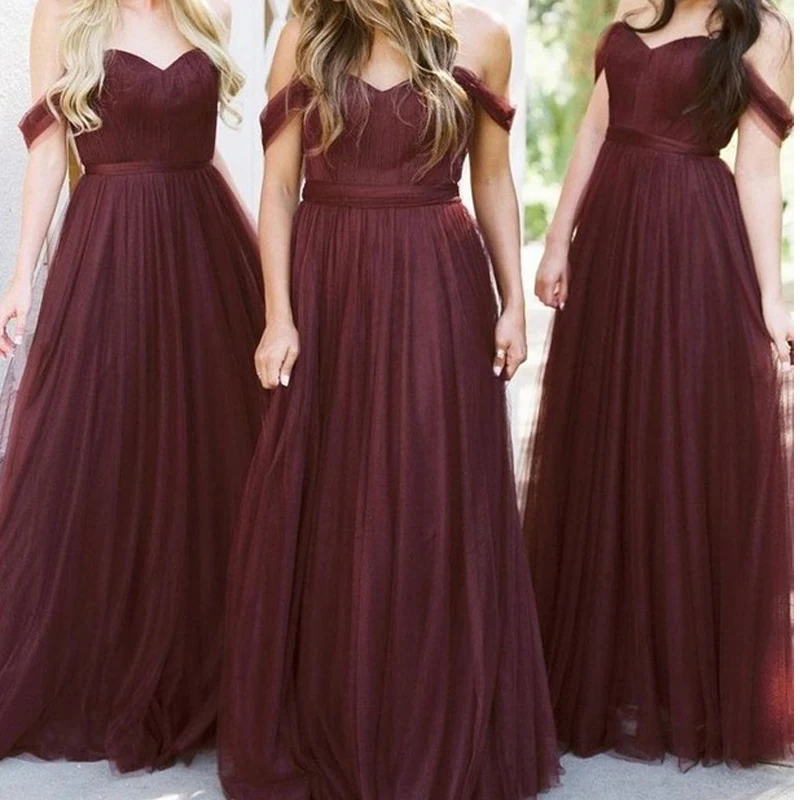 

New Arrival Burgundy Tulle Long Bridesmaid Dress Sweet Brides Maid Dresses Plus Size Wedding Guest Gowns vestidos para boda