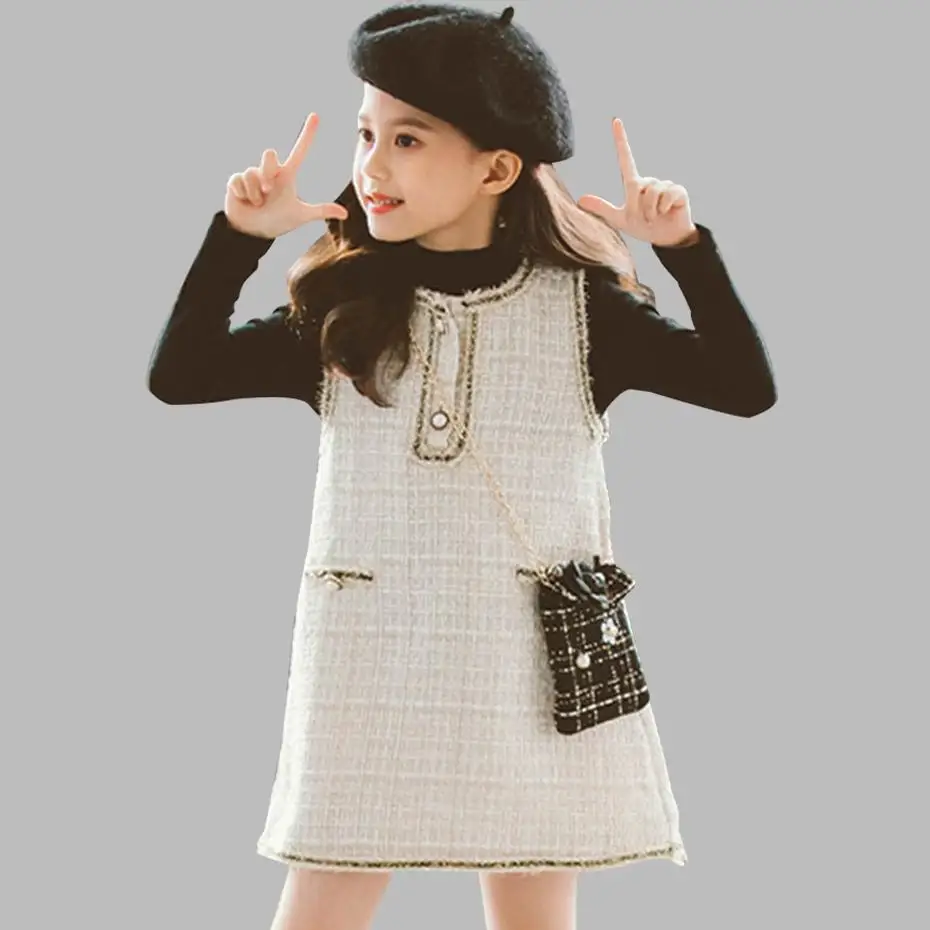

Kids Clothes Girl T-shirt + Plaid Vest Dress 2PCS Girl Clothes Turtleneck England Suit For Girls Casual Spring Clothes For Girls