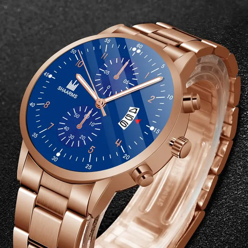 SHAARMS популярные мужские часы розовое золото нержавеющая сталь ремешок кварцевые
