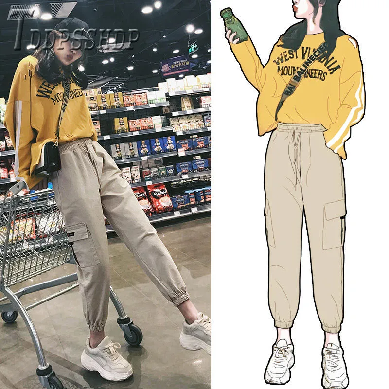 Брюки карго женские весенние популярные Узкие повседневные штаны с эластичным