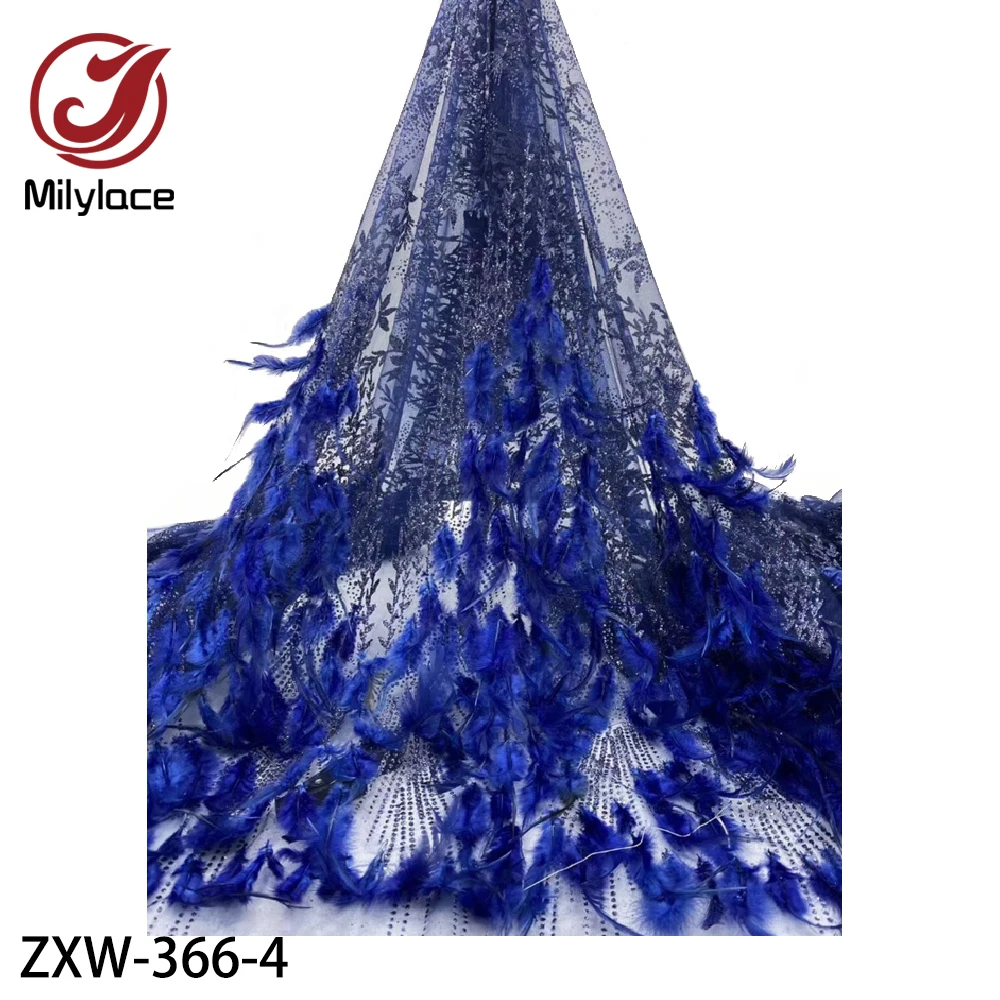 Тюлевая кружевная ткань с вышитыми перьями блестками и камнями Легкая сетчатая