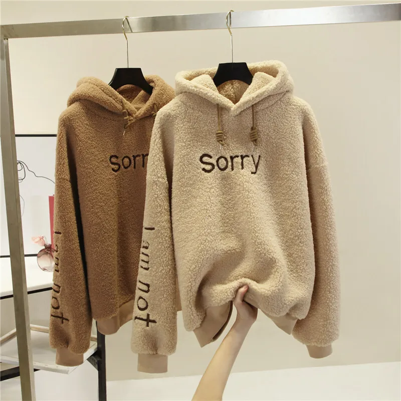 MUMUZI Зимние флисовые толстовки Harajuku Sorry Print Толстовки женские толстые футболки из