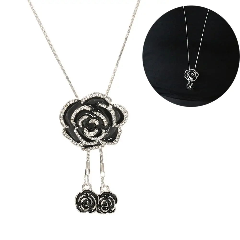 Винтажные женские Стразы подвеска в виде цветка розы длинная цепочка ожерелье