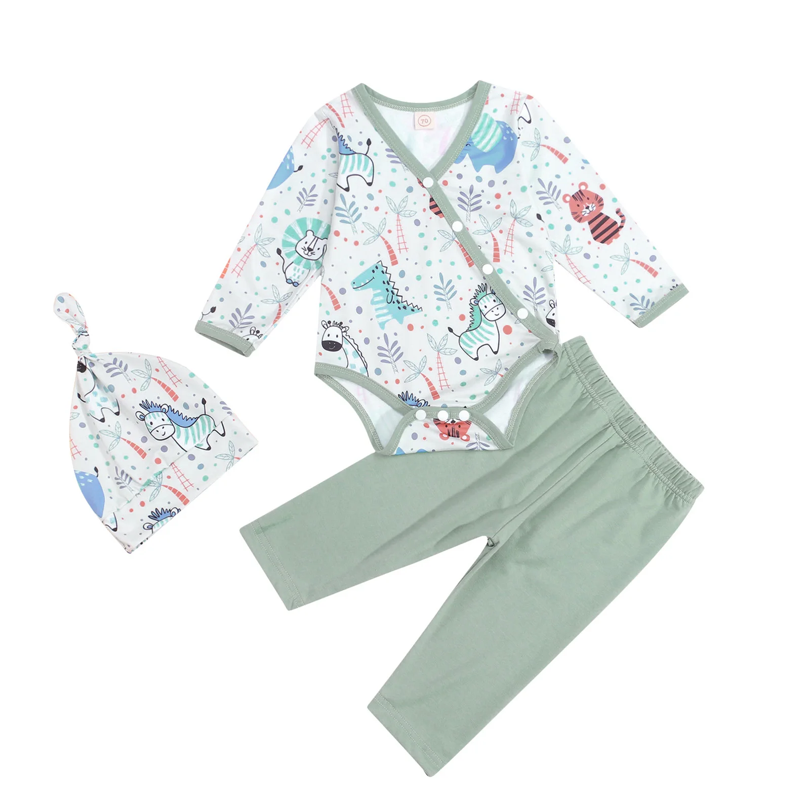 

3Pcs Baby Girls Boys Outfit Cartoon Animal Plant Printing Long Sleeve Oblique Button Romper + Long Pants + Cap Set