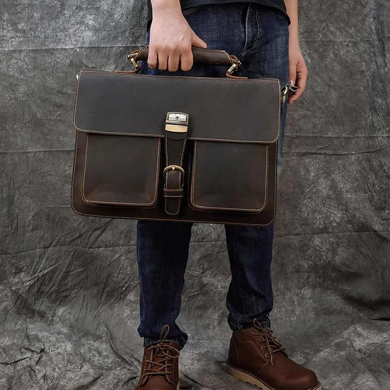 Men's Briefcase Genuine Leather Vintage Business Bag Cowhide 15 inch Laptop Handbag Work PC Messenger Bag Durable Computer Bag