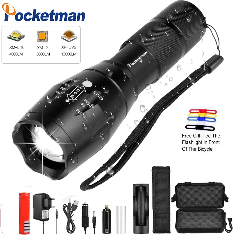 

Tactical Flashlight led torch Lantern T6/L2/V6 5 Modes Zoomable Bicycle Light use 1*18650 battery for Riding Camping Fishing