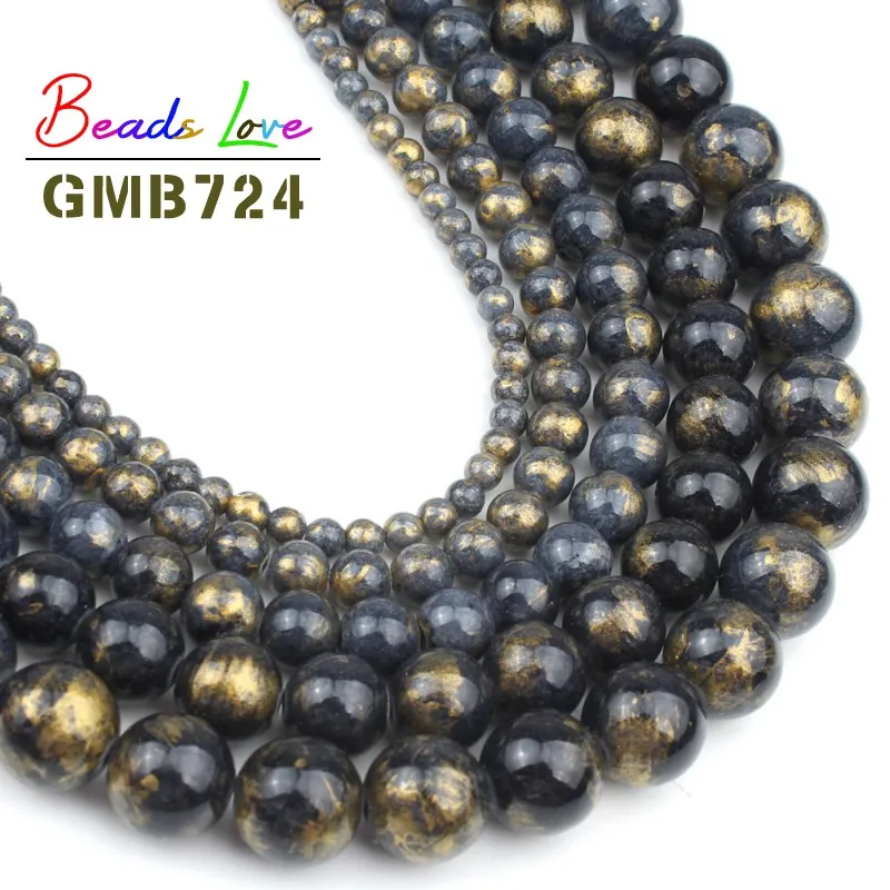 Черный Природный камень золотой цвет нефрит круглые свободные бусины 4 6 8 10 12 мм Diy