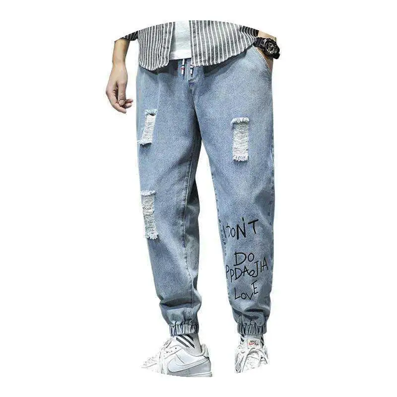

Men Fashion High Street Jeans Casual Harem Pants Letter Print Light Blue Hole Trousers Drawstring Homens Jeans Denim Pants
