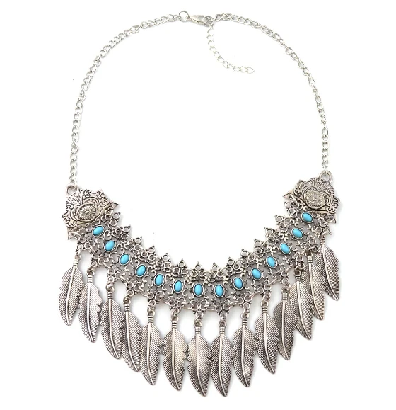 Silver Винтажная Серебряная Золотая инкрустация Колье Хрустальные Бусы геометрическая форма резные ожерелья с подвесками-Кисточками серьги для Бохо цыганского турецкого - Окраска металла: Silver