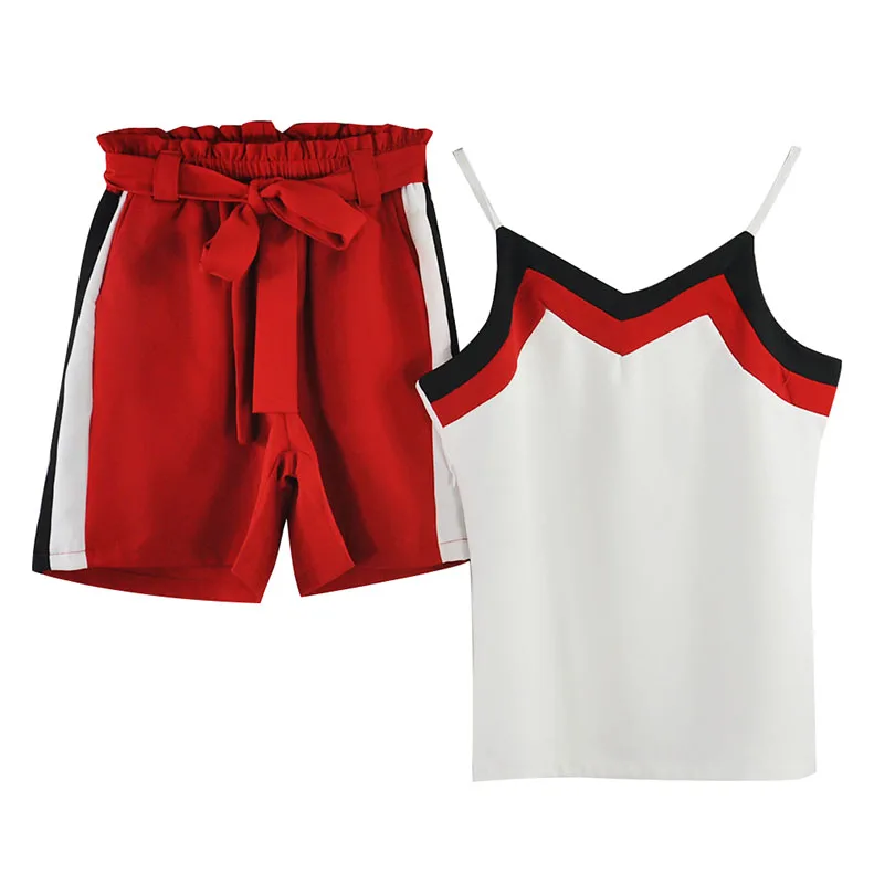 Женский узкий костюм двойка MVGIRLRU в полоску с топом на бретелях и карманами