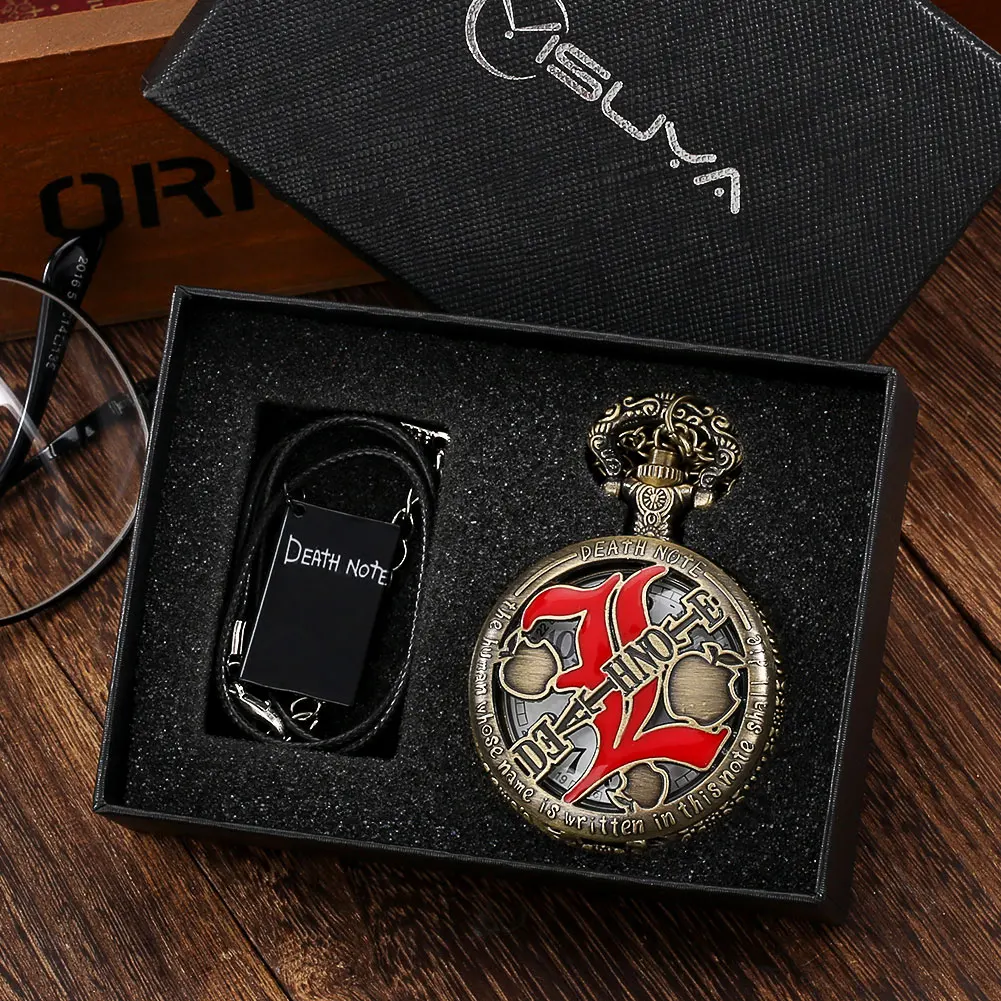 Exquisite Hollow Pocket Watch Set Men Quartz Flip Watches with Thick Chain Women Black Leather Cord Necklace Gift Box to Friends