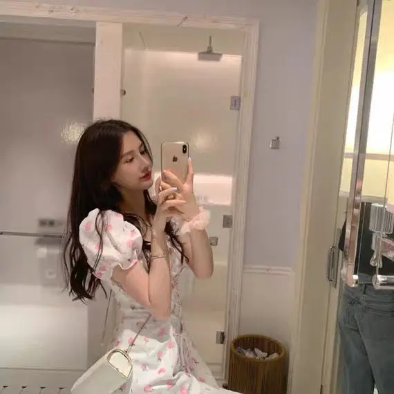 

Summer new French floral high waist strap princess dress dress female design sense niche small flower bud skirt