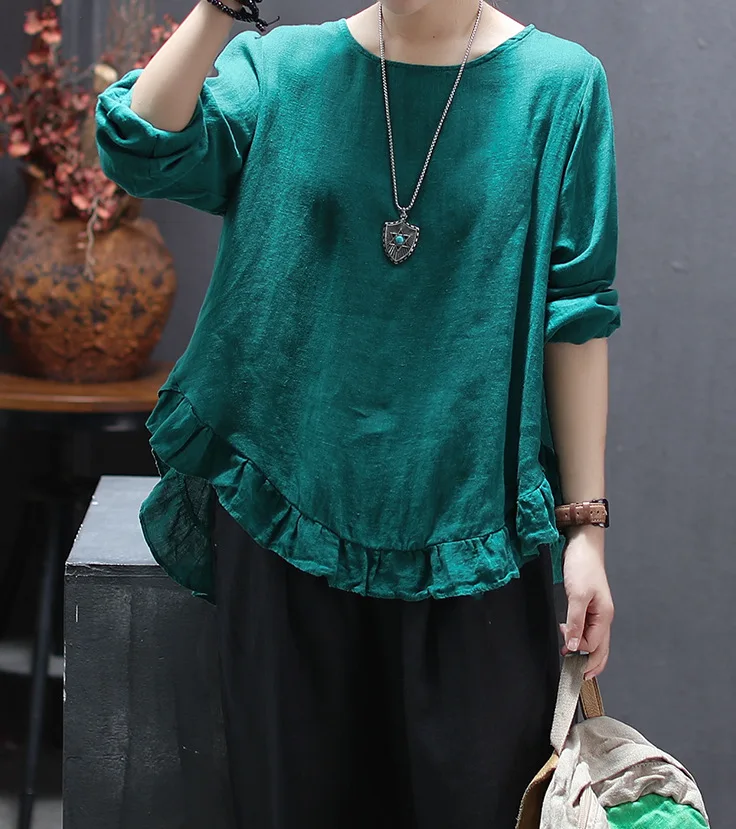 Women T-shirt Spring Autumn Retro Large size Loose Pullovers New Female Tops O-Neck Long-sleeved Button Mori girl Casual | Женская