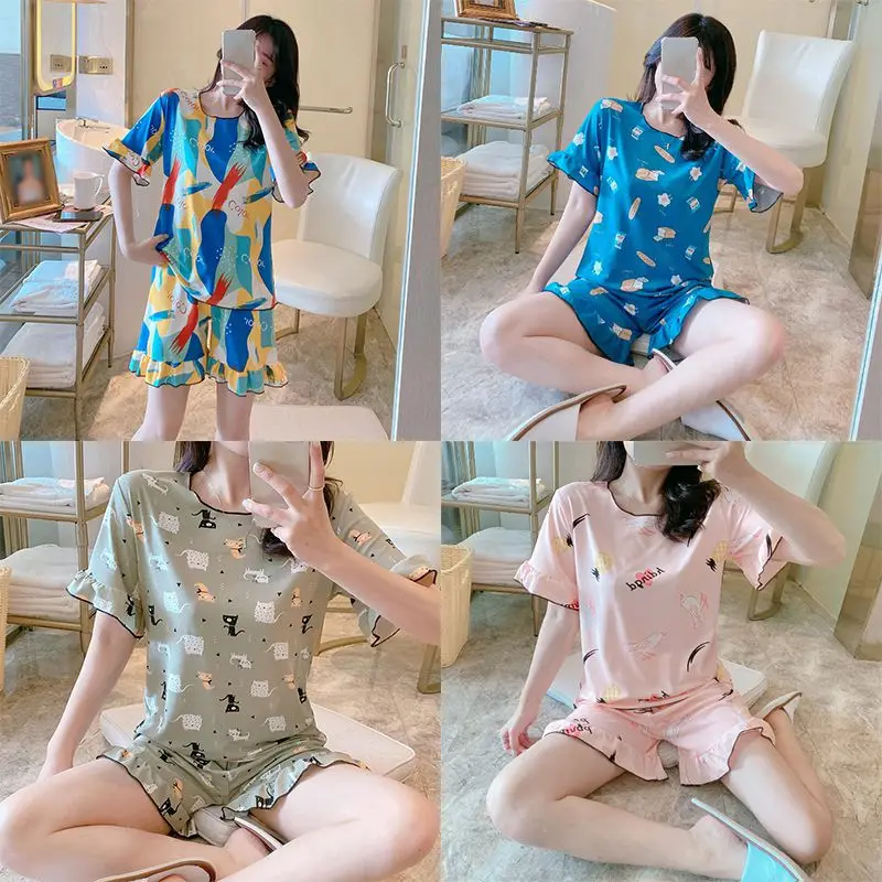

Summer Short-sleeved Shorts Thin Section Cute Sweet Cartoon Printing Home Service Two-piece Suit Female Pajama Set
