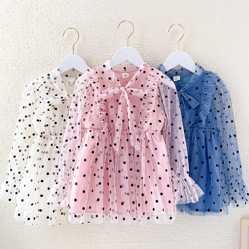 

2021 New Girls Dress Long Sleeve Ploka Dot Printed Mesh Yarn Sweet Dress Children Clothes Spring Autumn Dress