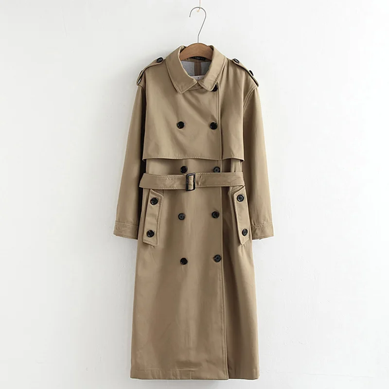 Женский двубортный Тренч с отложным воротником и поясом длинное пальто цвета