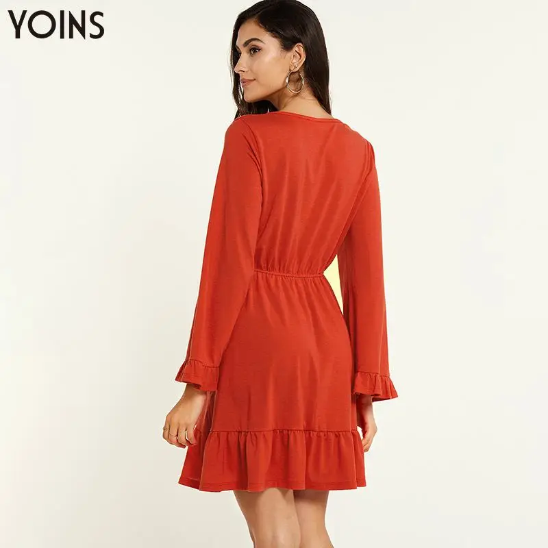 YONIS 2020 женское оранжевое платье с v-образным вырезом и завязками на талии длинными