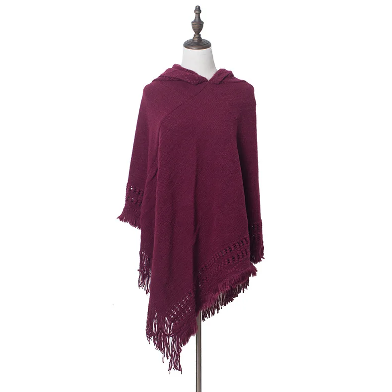 

138*132cm Monochrome Fashion Women Winter Warm Scarf Striped Tassel Poncho Capes Knitted Cashmere Shawl Cardigans Sweater Coat