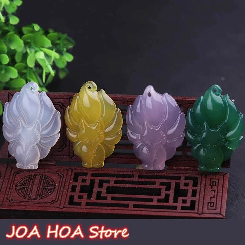 

Natural Multicolor Jade Nine-tailed Fox Pendant Agate Necklace Fashion Charm Jewellery Carved Chalcedony Amulet