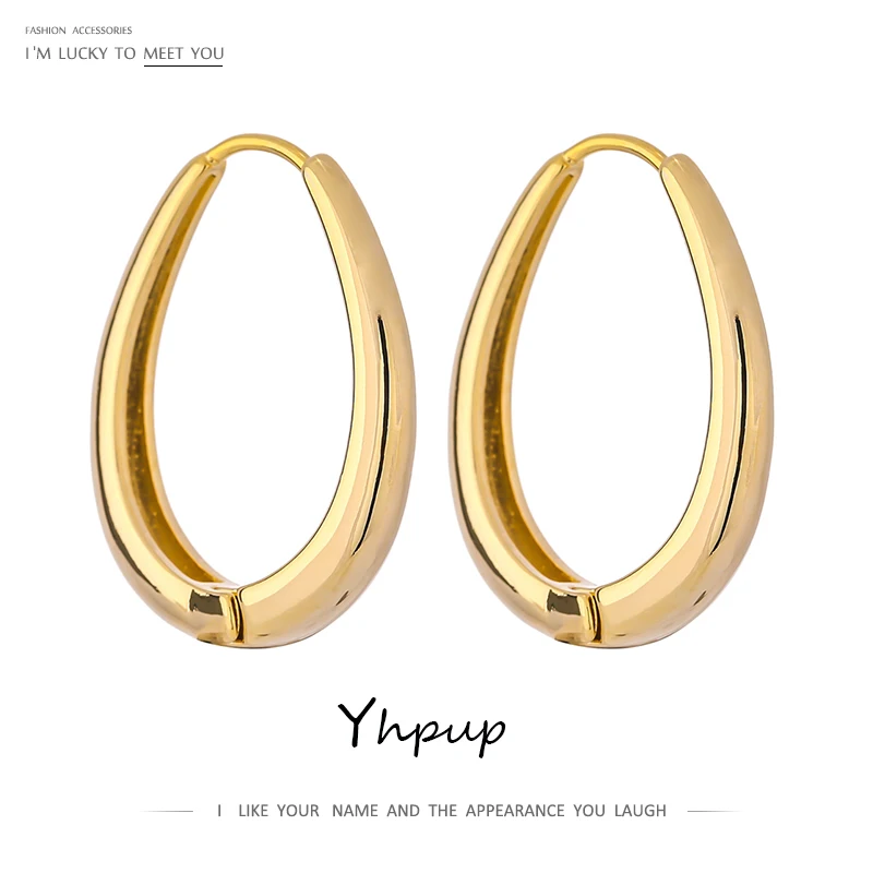 

Yhpup Charm Metal Oval Geometric Texture Hoop Earrings Gold Plated Statement Temperament Party Gift Jewelry Bijoux Femme