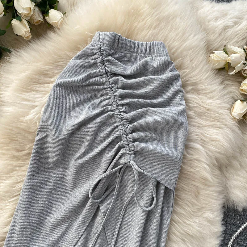 

European Style Drawstring Folds Slim Package Hip Bodycon Pencil Skirt Women's Summer Irregular Elastic Waist Asymmetrical Skirts