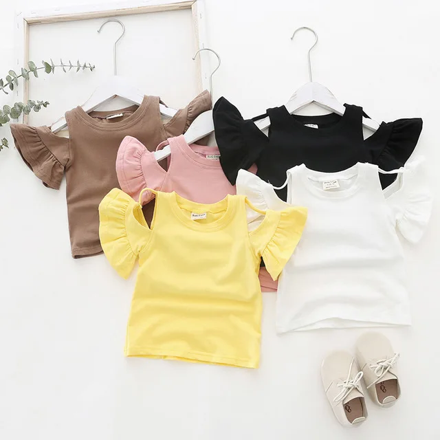 

Toddler Girls T-shirts Fashion Cotton Ruffled Off-the-shoulder Tops for Girl Kids Clothing 2020 Summer Baby Child Tshirts New