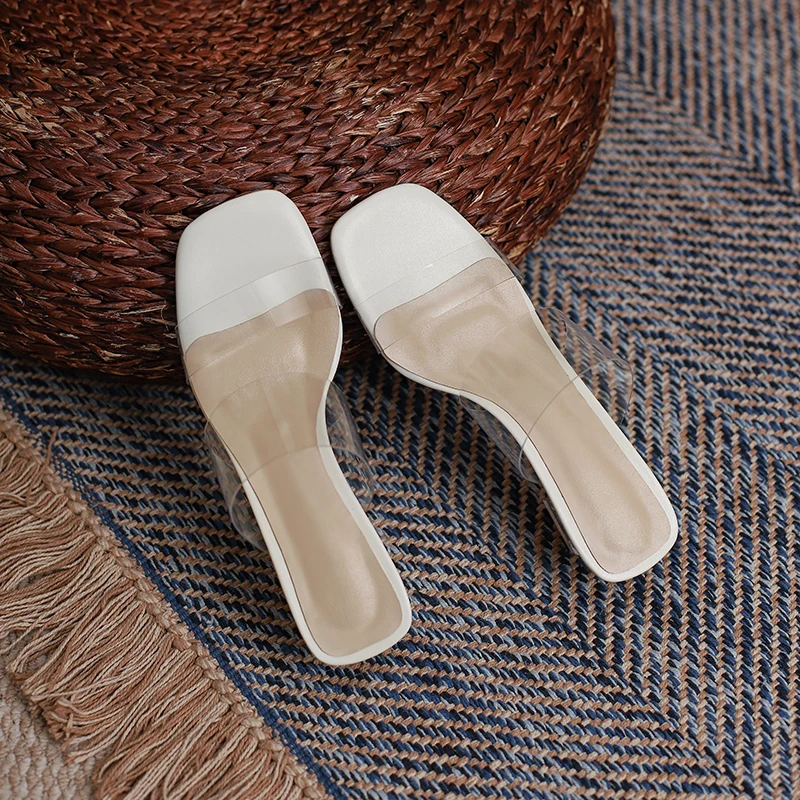 Crystal Clear Middle Heels New Summer Lady Comfort Sandals Slippers Fashion Party Shoes Women Prom Peep Toe Cool Slides White | Обувь