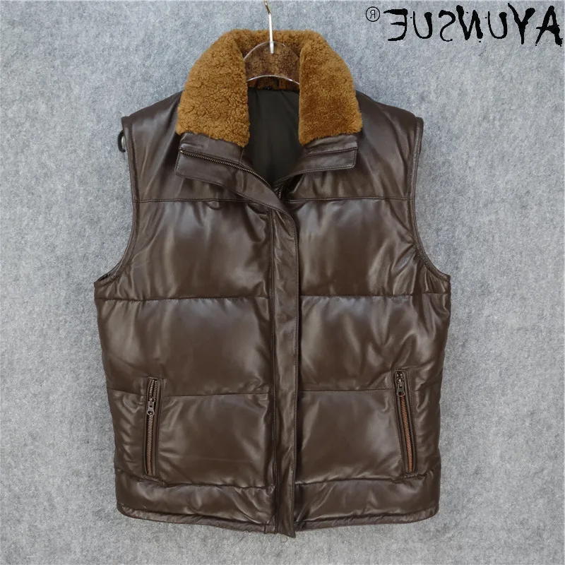 

Sheepskin Leather Genuine Jacket Men Winter Men's Clothing Down Vest 100% Wool Collar Vests Warm Clothes Jaqueta LXR522