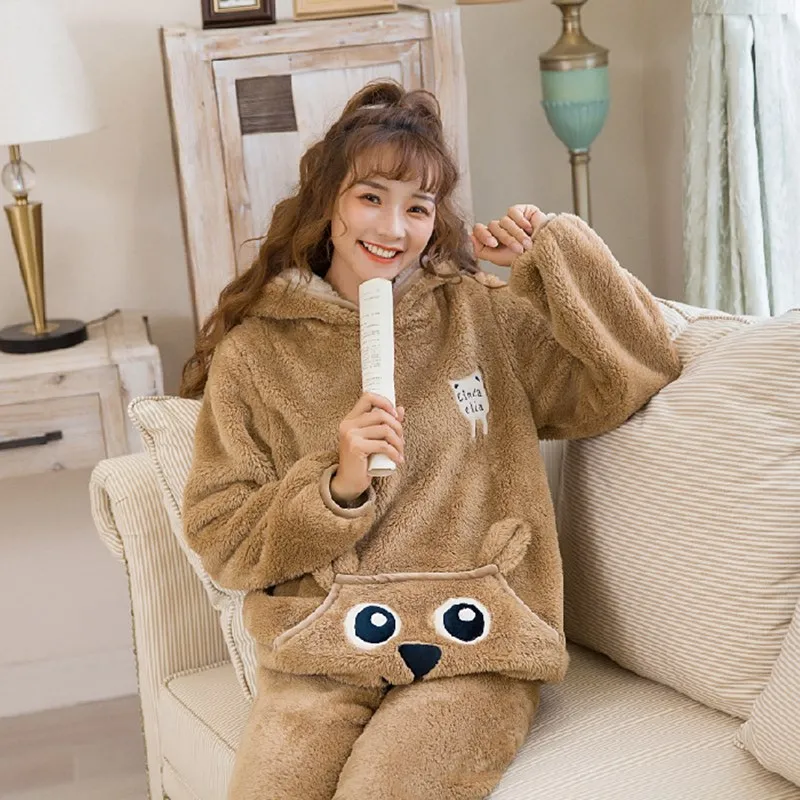 Женская Фланелевая пижама с капюшоном и медведем теплая Домашняя одежда из