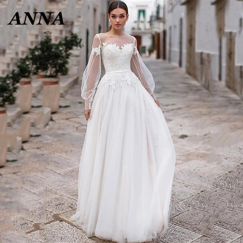 

ANNA-BEAUTY Store 2021 Elegant Puff Sleeve Tulle V-neck A-Line Princess Wedding Gown Dress Long Sleeves For Women