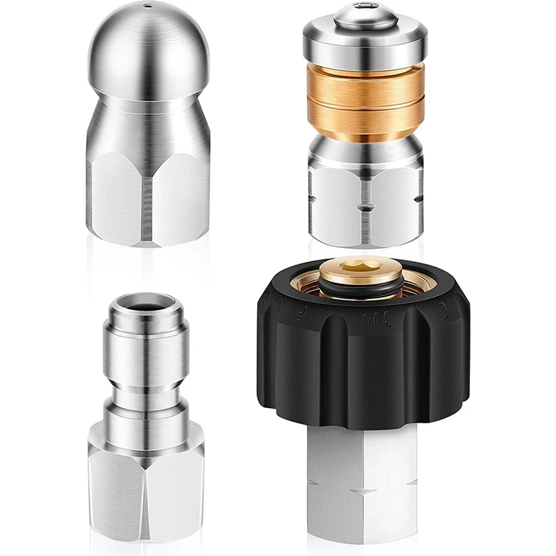 

4 Pieces Sewer Jetter Nozzle Kit for Pressure Washer Stainless Steel Fixed Rotating Sewer Nozzle Quick Adapter Plug