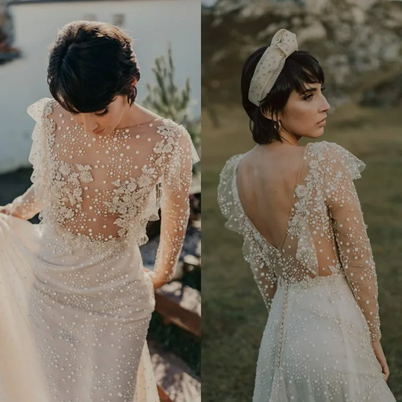 UMK Sexy Illusion Bohemia Wedding Dress Long Sleeve Dot Tulle Appliques Beading Beach Bridal Gowns | Свадьбы и торжества