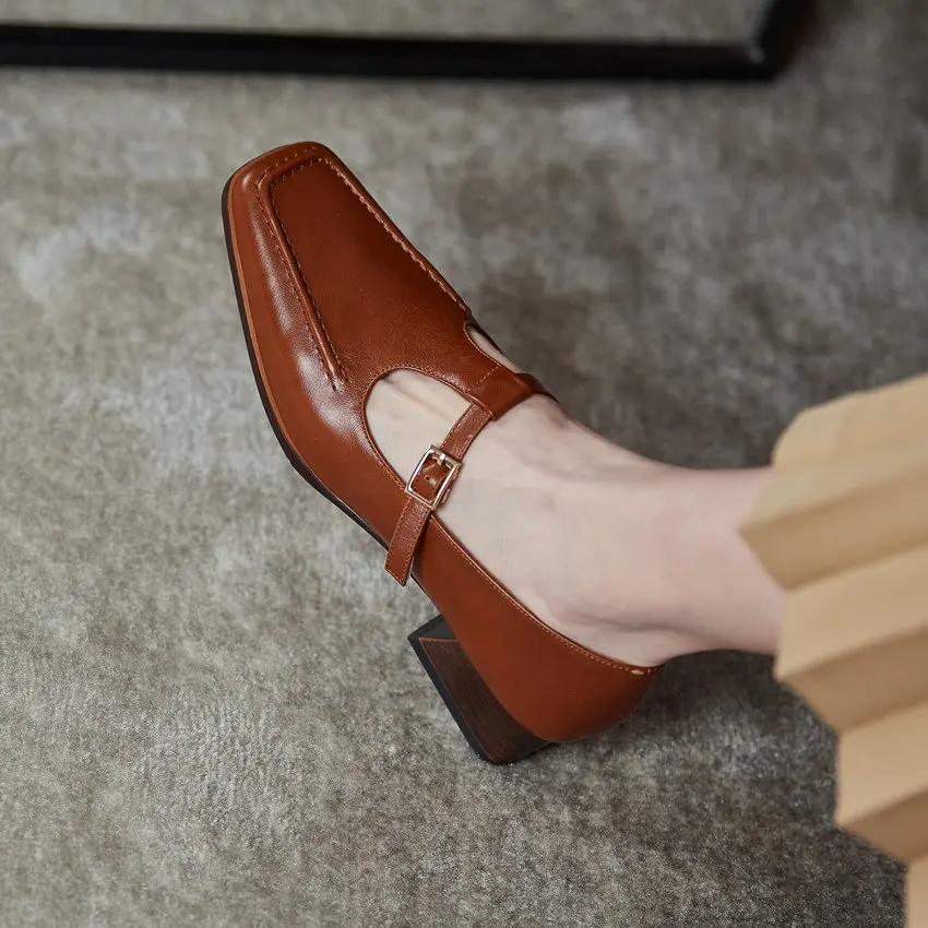 

QUTAA 2021 Genuine Leather Women Pumps T Strap Buckle Square Heels Spring Summer Retro Square Toe Female Shoes Size 34-40