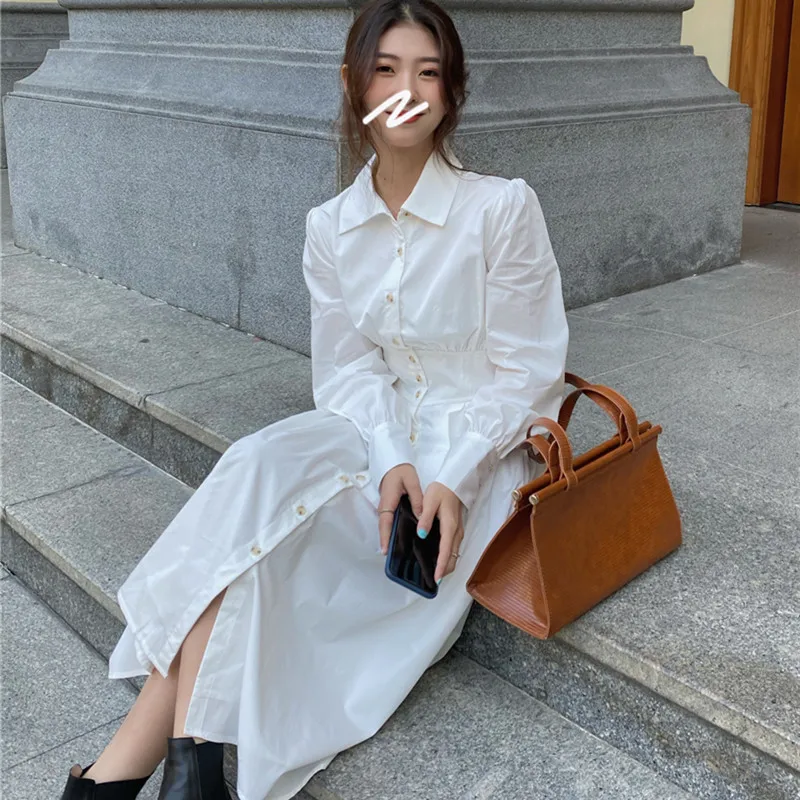 

Hot Korean Vintage White Fashion High Waist Ladies Dress 2021 New Solid Color Summer Slim All-Match Long Sleeve Dress