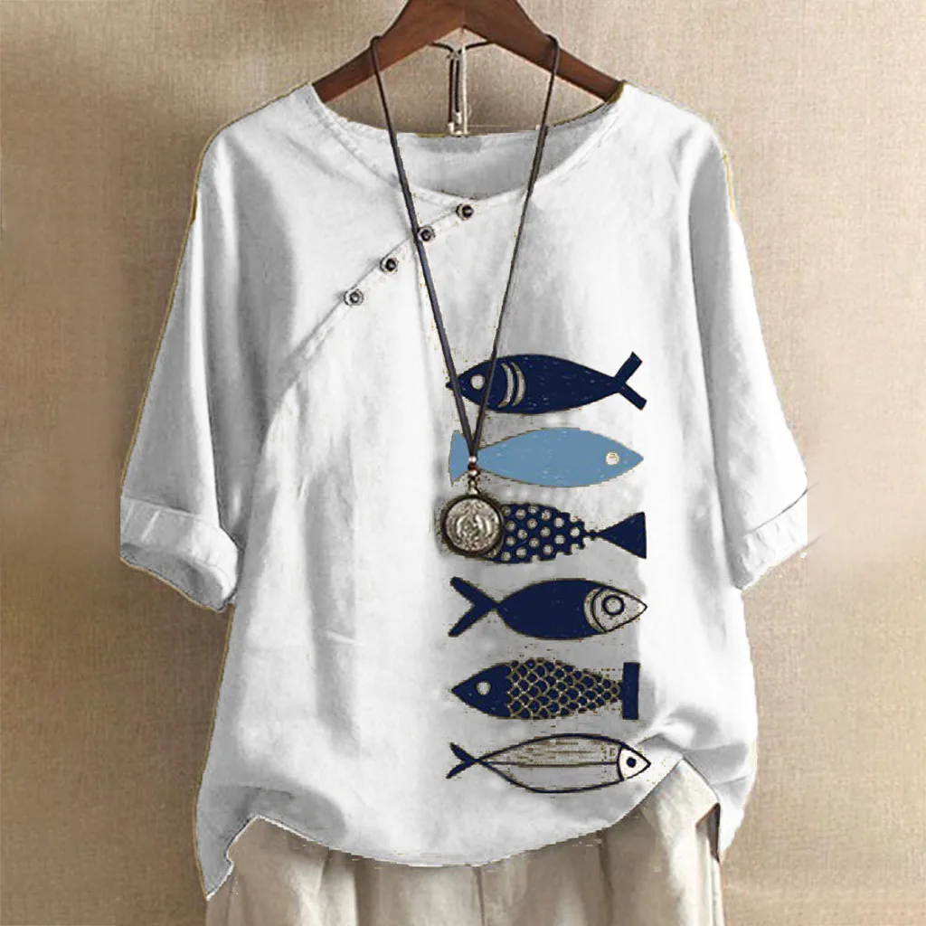 Женская футболка с круглым вырезом и принтом рыбы Повседневная Свободная