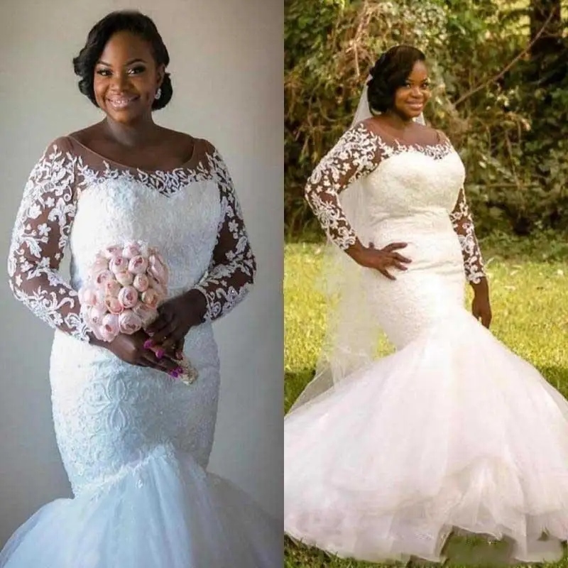 

Plus Size African Wedding Dresses Vestios De Marriage New Custom Hot Sales Applique Tulle Sheer Long Sleeve Mermaid Bridal Gown