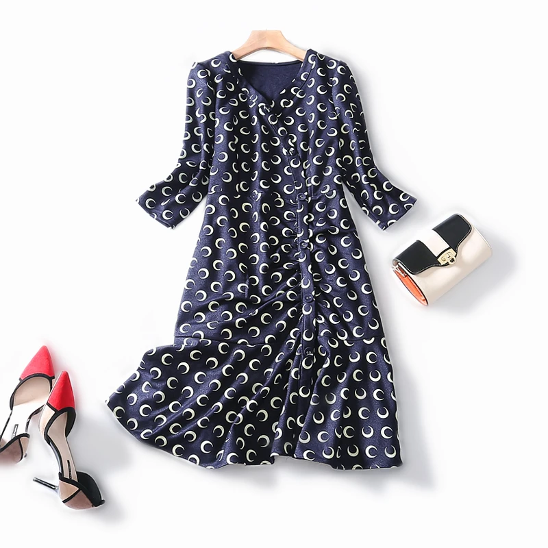 2019 осеннее новое платье с v образным вырезом и рисунком Луны плиссированное в