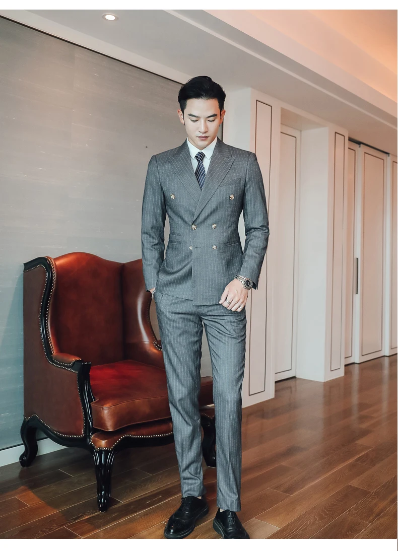 FOLOBE/Новинка 2021 года Высококачественный мужской двубортный костюм в полоску для