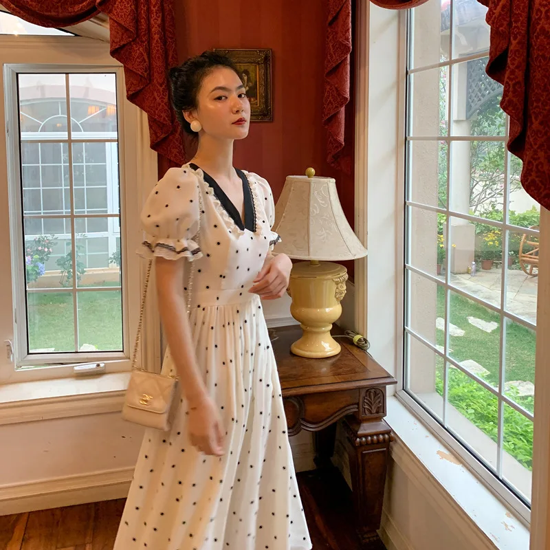 Женское платье в горошек с v-образным вырезом элегантное тонкое стиле ретро во