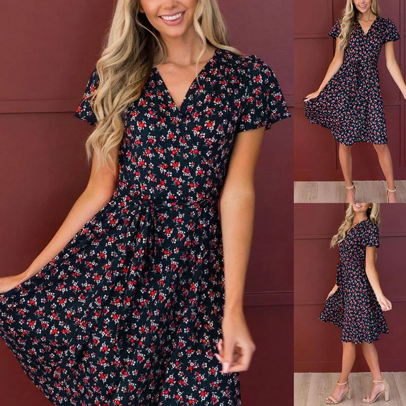 

Ladies Floral Short Sleeve V-Neck Tie High Waist Dress Polyester Printed Bouquet Waist Dress Woman Dress black dress