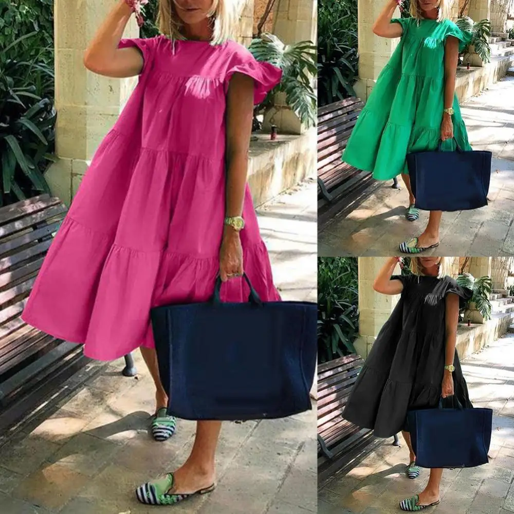 

Fashion Women Dress Casual Solid Color O Neck Ruffled Short Sleeve Large Hem A Line Midi Dress Easy to Match for Daily Life