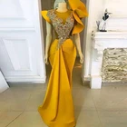 Вечернее платье-Русалка с оборками, горчично-желтого цвета, с прозрачным вырезом, африканские платья для выпускного вечера бисером, аппликация