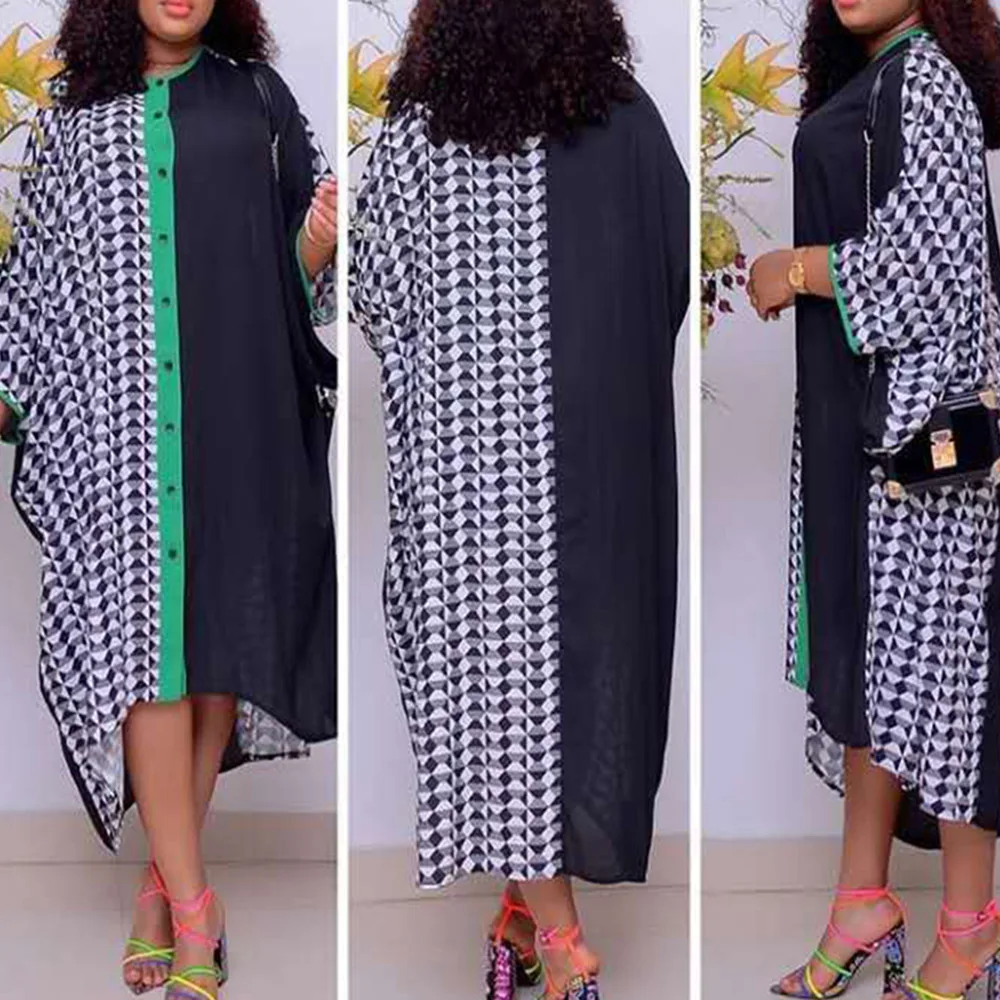 Повседневное лоскутное женское платье с принтом рукав летучая мышь свободный