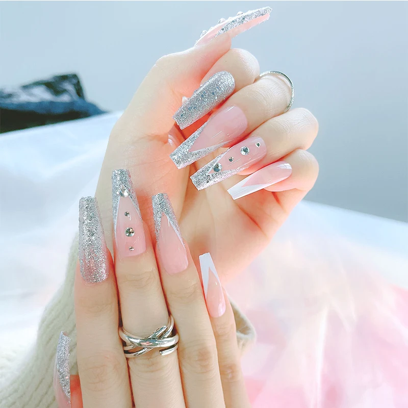 

24 pieces/box Wavy lines Detachable Long Ballerina False Nails With Design Wearable Fake Nails Full Cover Nail Tips