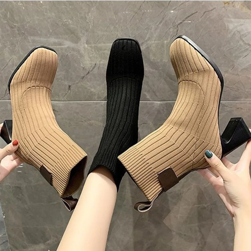 

Women Knitted Ankle Boots Ladies Square Heel Slip On Female Square Toe High Heels Office Ladies Fashion Hot Sale 2021 New BR022