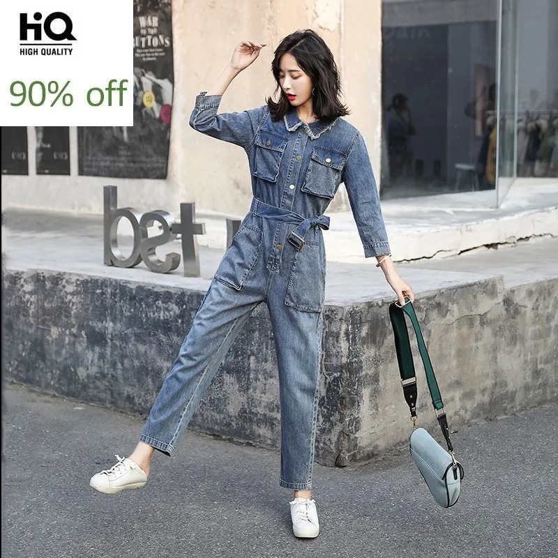 Осенняя мода корейский пояс карманы Женские карго Комбинезоны Винтаж Высокая