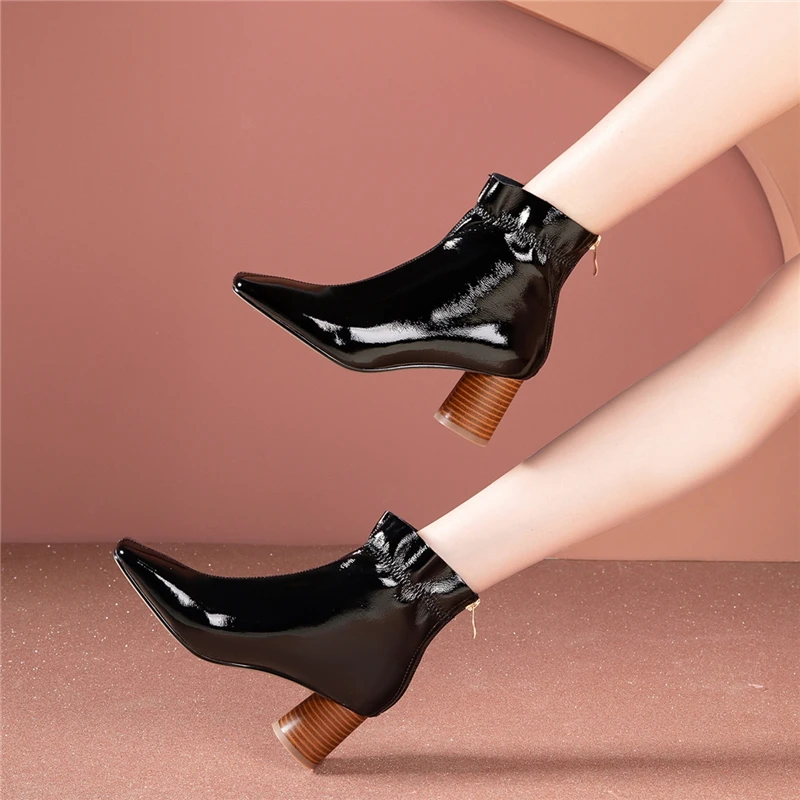 

COVIBESCO Fashion Genuine Leather Women Ankle Boots Autumn Winter New Buckle Back Zip 2021 Office Lady Thick Heels Boots Woman