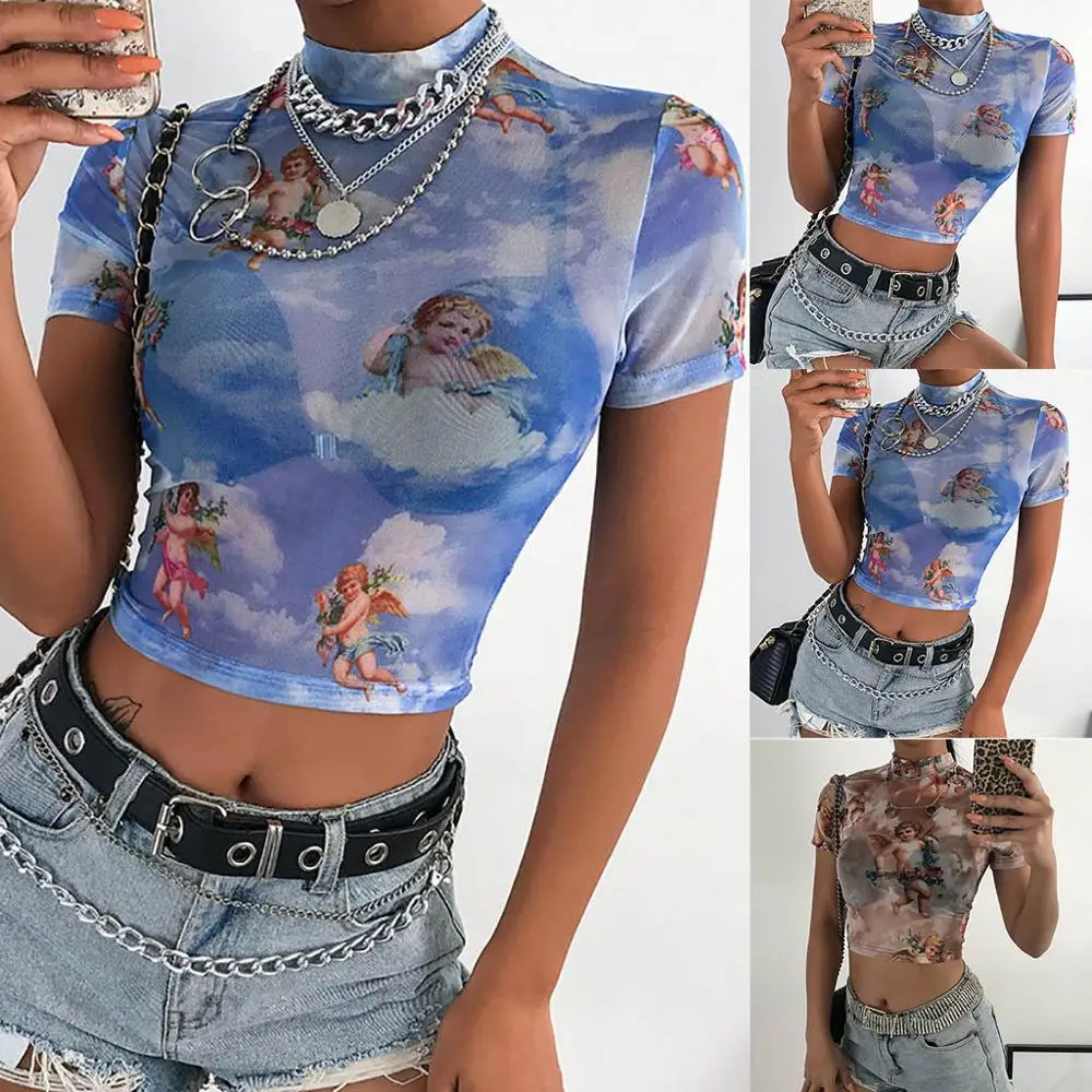 Женская прозрачная сетчатая водолазка облегающий базовый топ с коротким рукавом