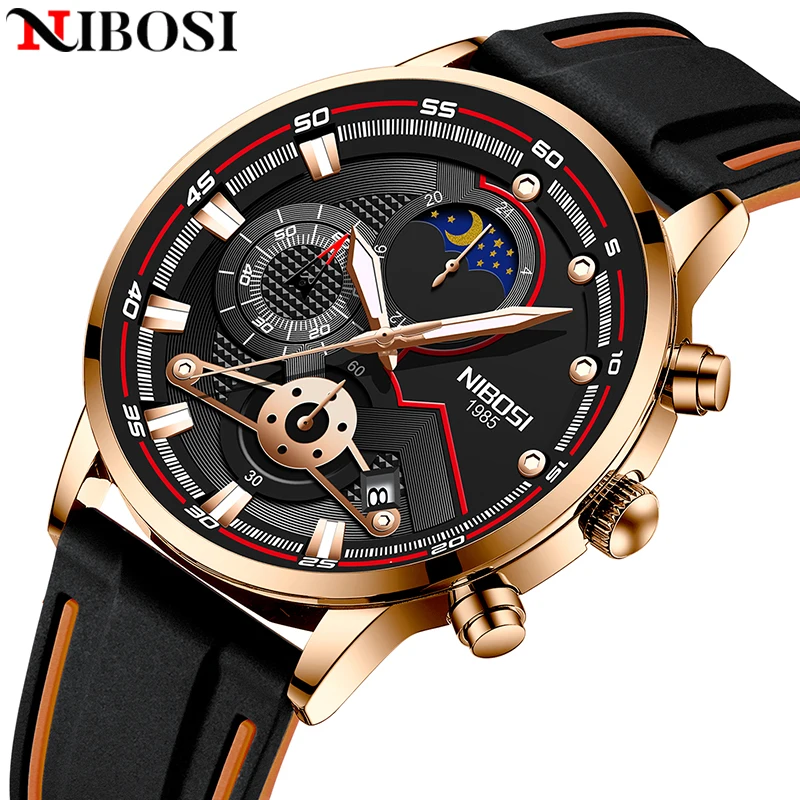 

NIBOSI 2021 relojes Men's Watch Fashion Sport Quartz Watch with Black Leather Strap Chronograph Waterproof Auto Date Wristwatche